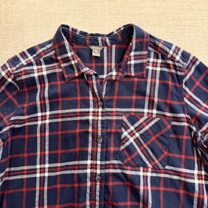 Eddie Bauer Womens Plaid Flannel Shirt Navy Blue Red White Button Tunic Tall 2XL